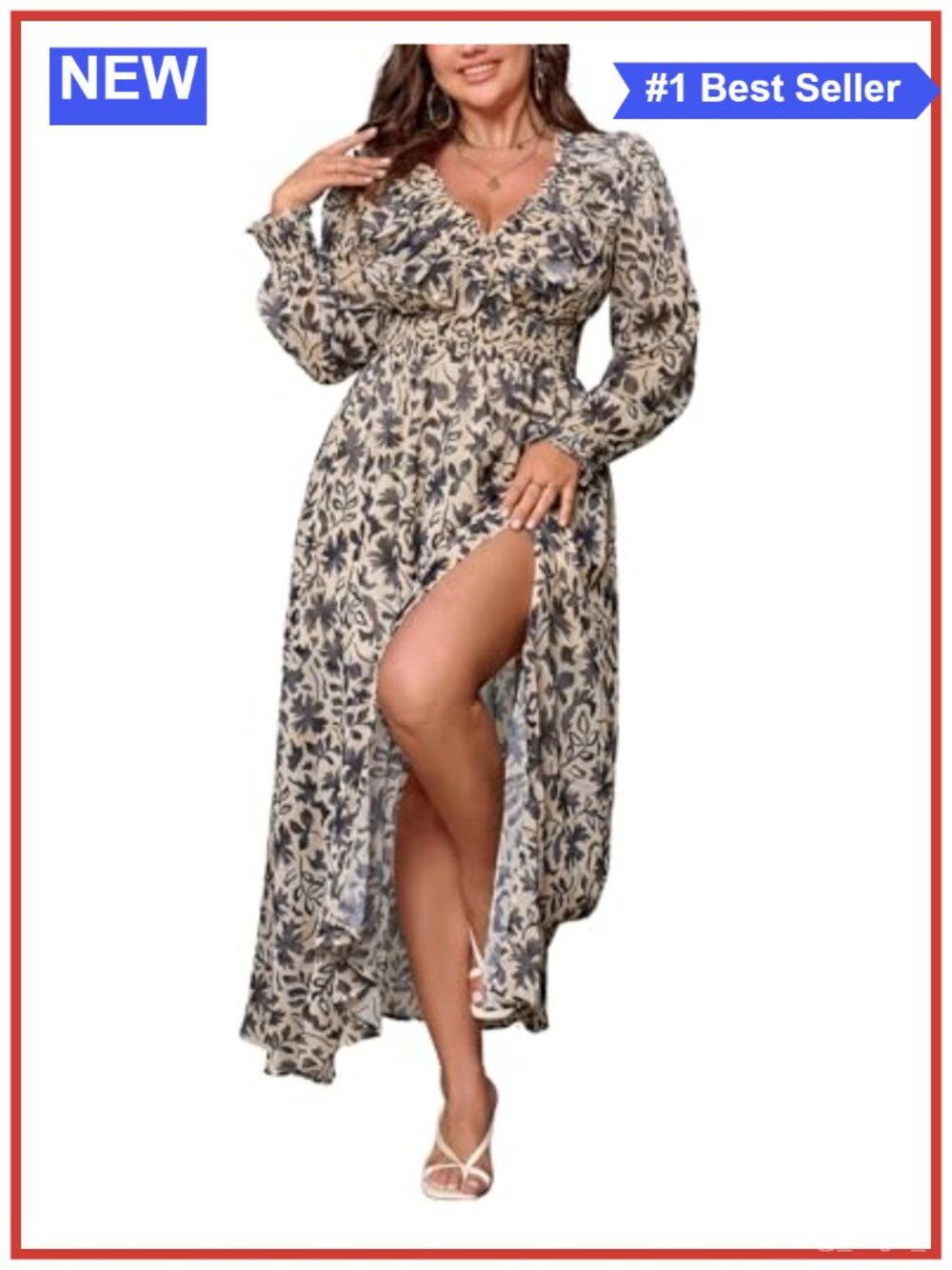Flowy Floral Maxi Dress Long Sleeve V-Neck High Slit